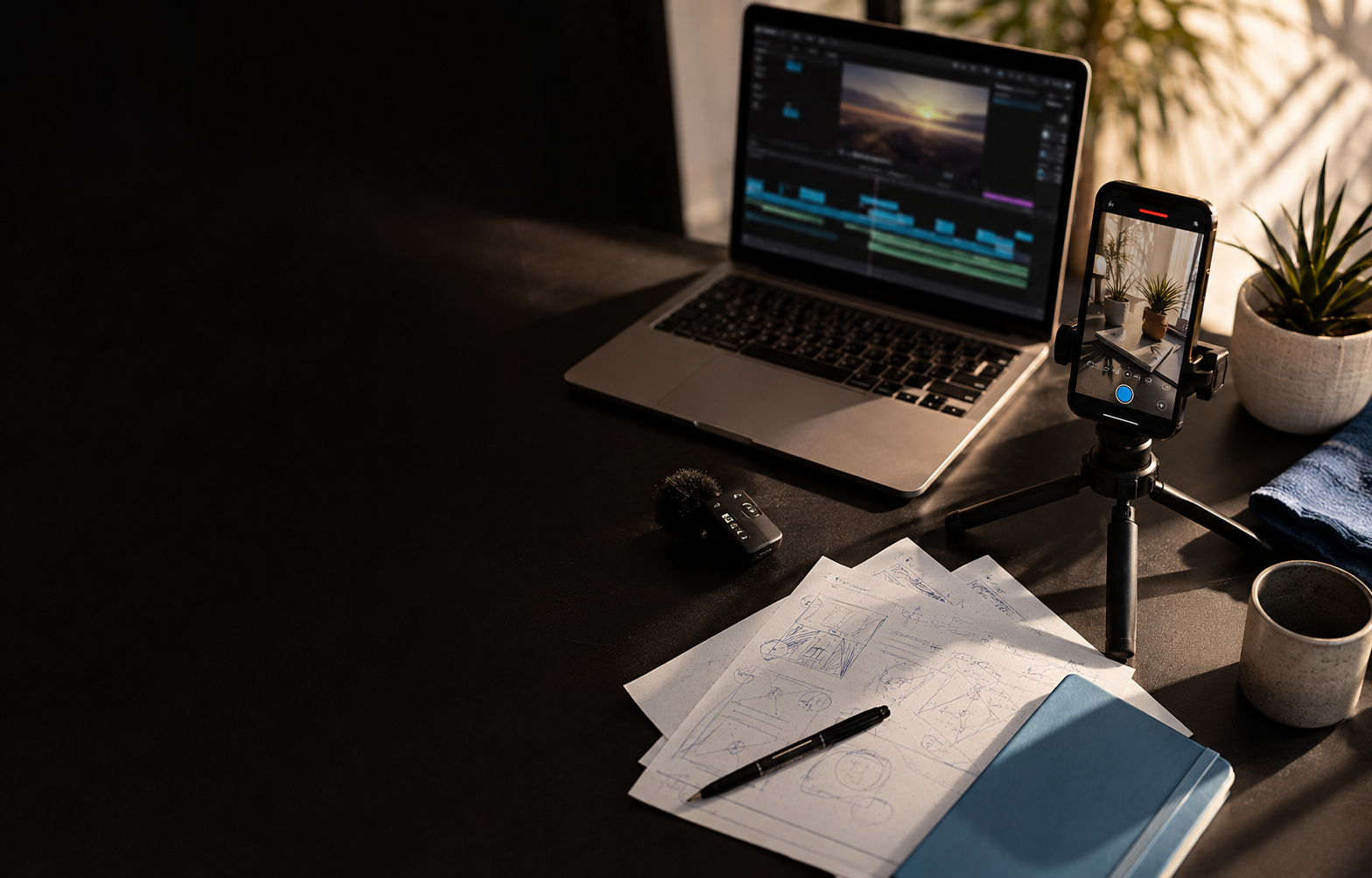 A short-form creator workspace with a phone, editing laptop and microphone